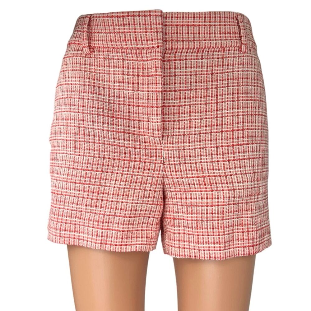 Loft Riviera Red White Tweed Checkered Plaid High Waist Mini casual Shorts Sz 4